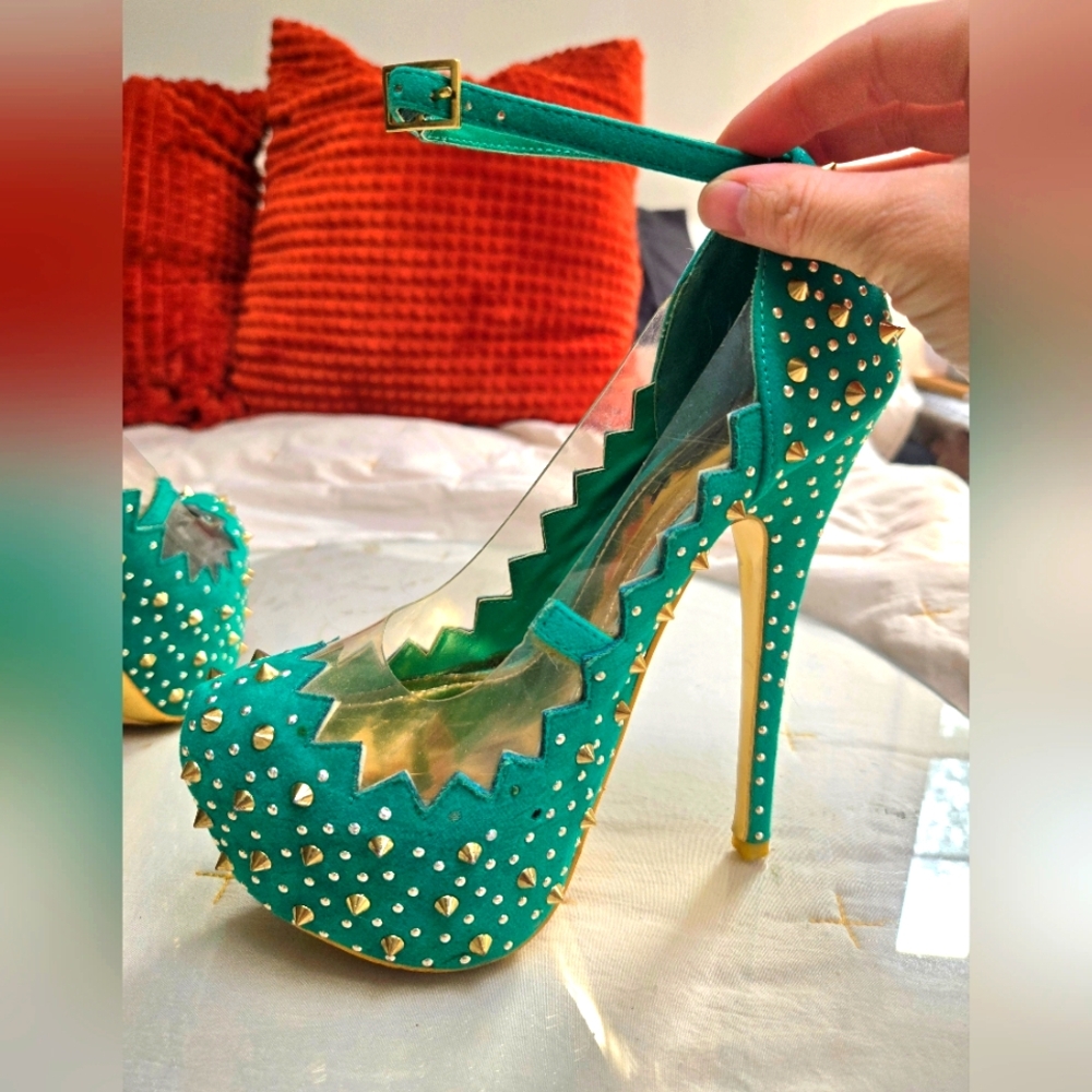 Alba Custom Redesigned One of A Kind Green Gold Studded Pump Heels
